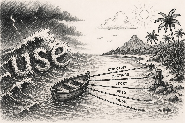 Example drawing of a boat tied to recovery shore with ropes labelled structure, meetings, sport, pets and music