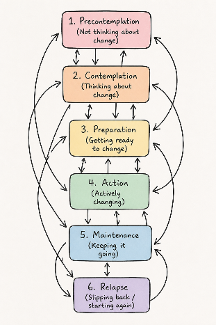 Transtheoretical model diagram showing stages from precontemplation through contemplation, preparation, action, maintenance and relapse